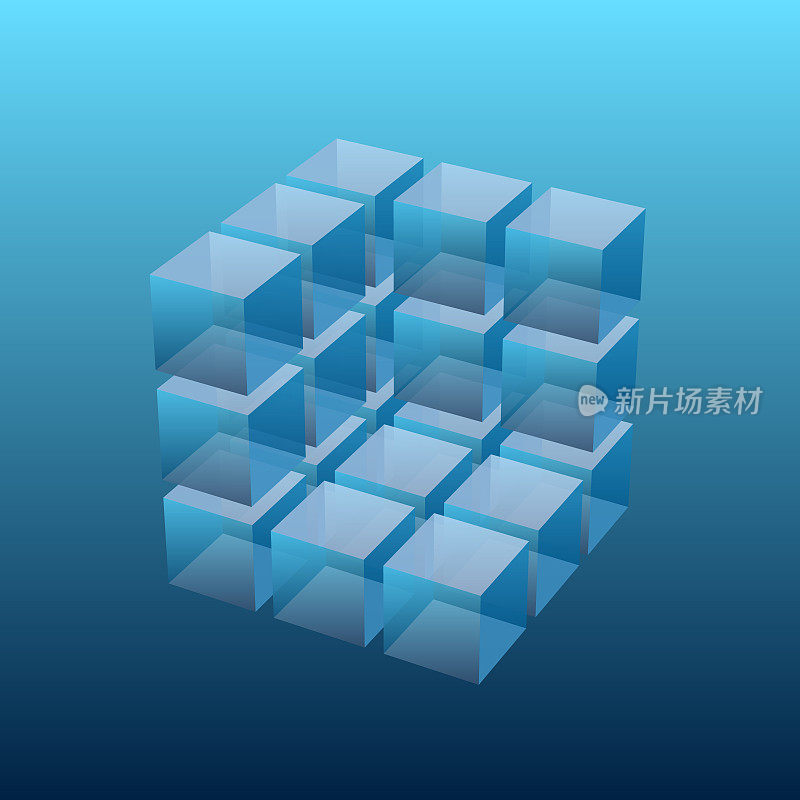 3x3x3 = 19个半透明玻璃立方体形成墙体形状的3D渲染。与视角。